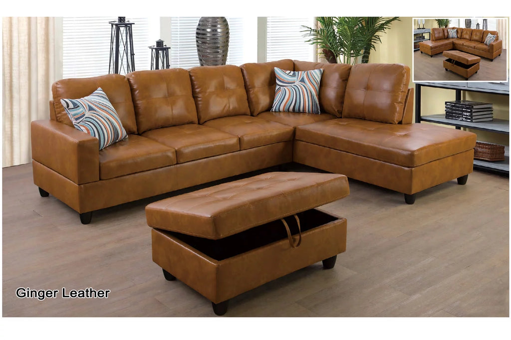Ginger Leather Sectional Sofa Set with Storage Ottoman E214299
