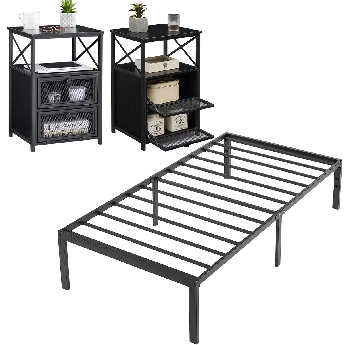 3-Piece Twin Bedroom Set with Metal Platform Bed Frame and 2 Black Nightstands K5663