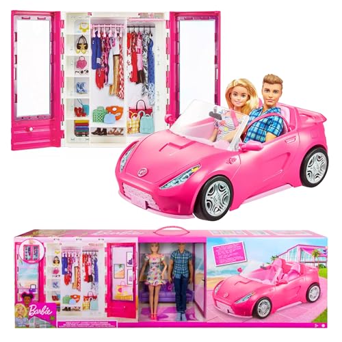 Barbie and Ken Doll with Wardrobe and Pink Two-Seater Convertible Car K92336
