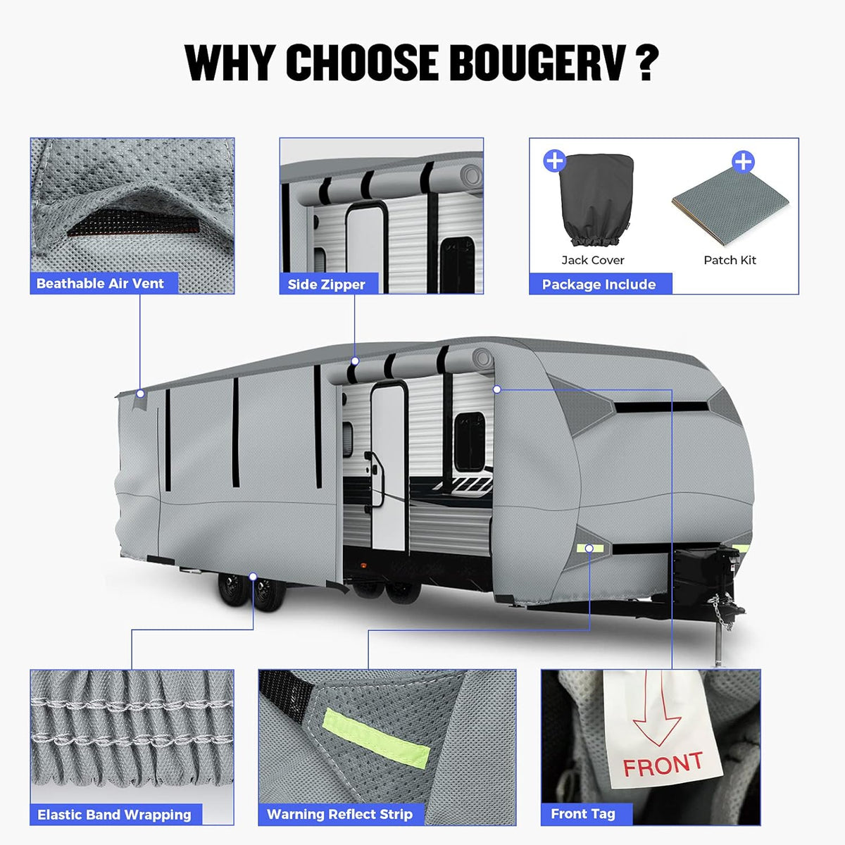 Gray Windproof Travel Trailer RV Snow Cover with Jack Cover & Patch Kit E176