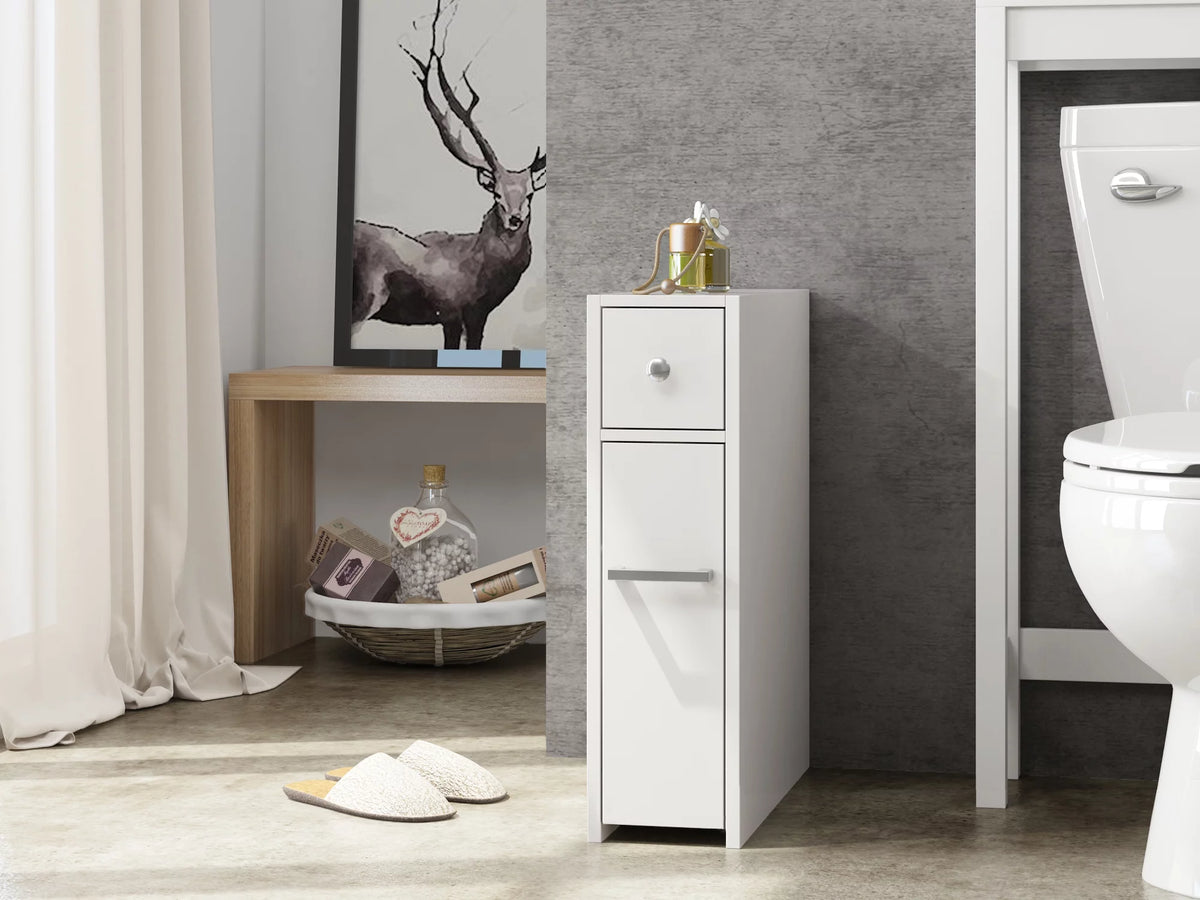 Slim White Bathroom Storage Cabinet with Slide Out Drawer K2489
