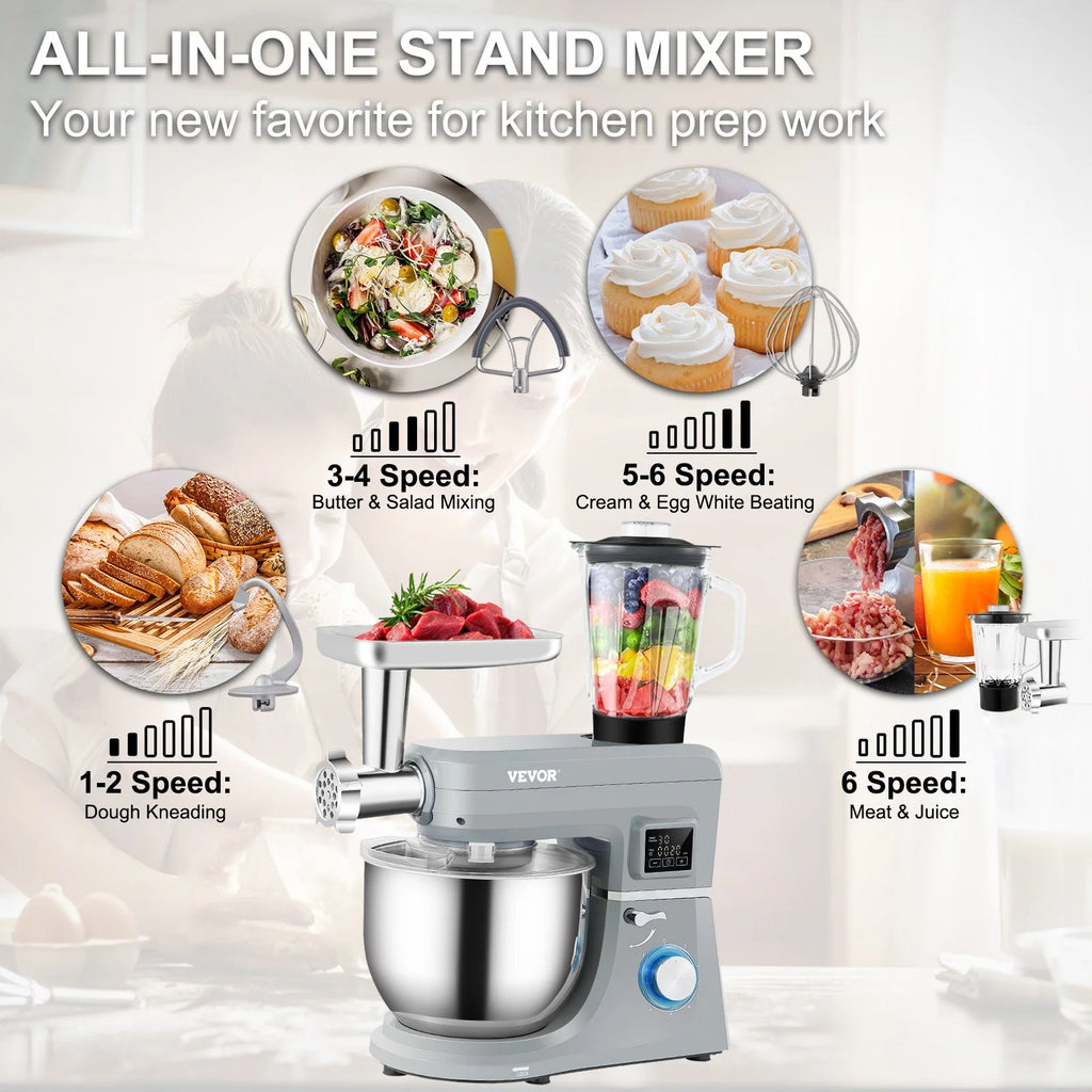 5 in 1 660W Tilt-Head Electric Stand Mixer with 7.4 Qt Stainless Bowl H953