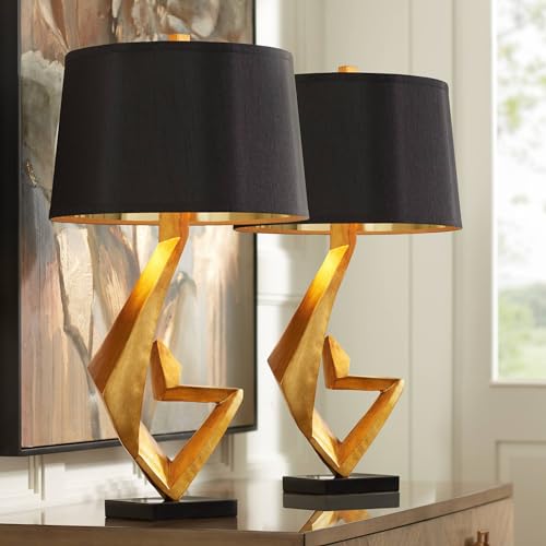 Modern Glam End Table Lamps Set of 2 Gold Leaf Black Shade E876013
