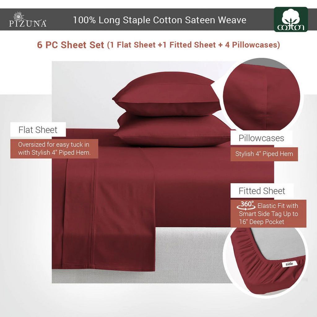 6Pc Rio Red 400 Thread Count Cotton Sateen Bed Sheets Set King R45276