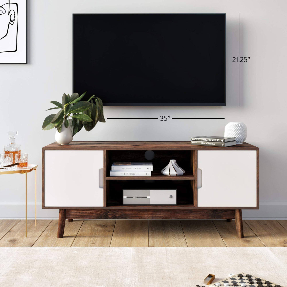 Brown Scandinavian TV Stand with White Cabinet Doors E59084