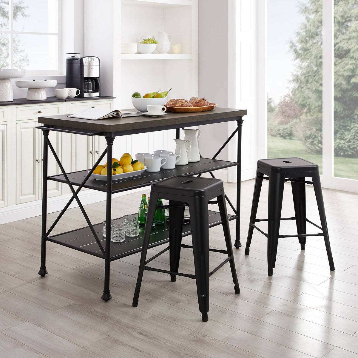 3 Piece Kitchen Island 2 Stools Set Brown Black E13610