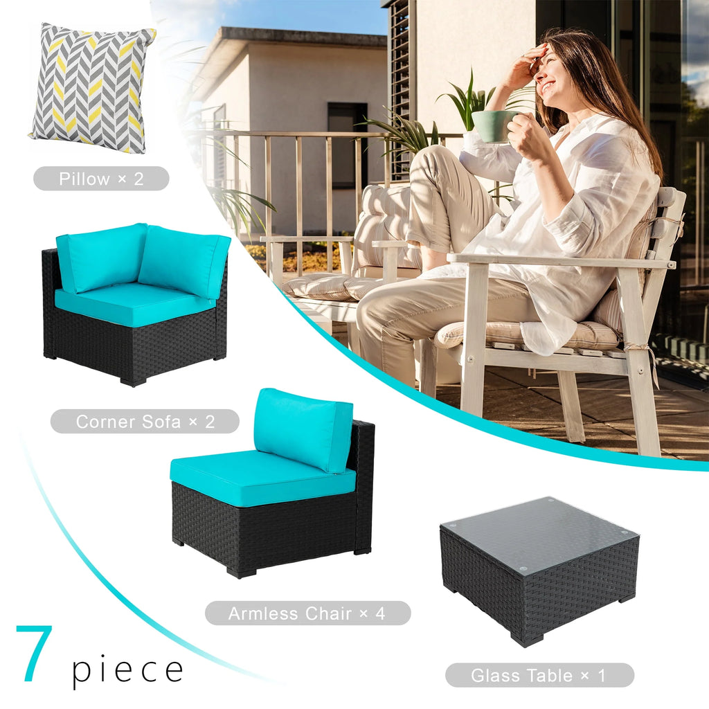 7 Pieces Black Wicker Outdoor Sectional Sofa Set with Tea Table I645494