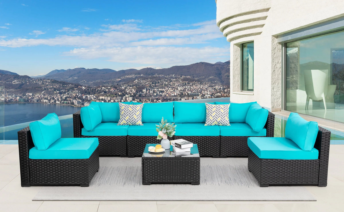 7 Pieces Black Wicker Outdoor Sectional Sofa Set with Tea Table I645494