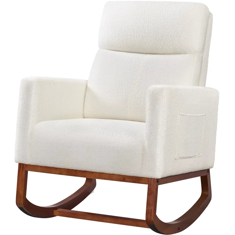 Ivory Boucle Upholstered Rocking Chair with Rubberwood Legs Q318