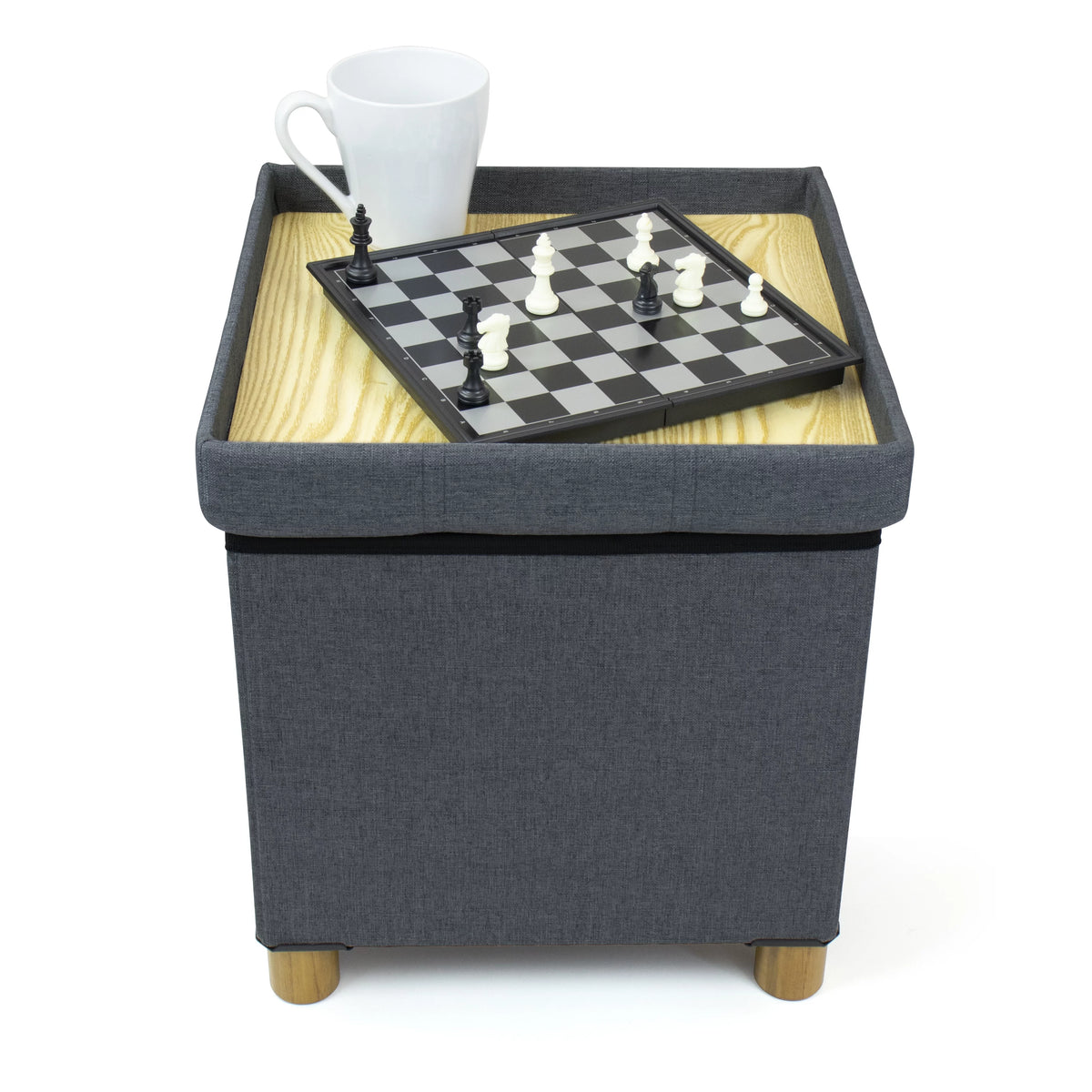 Dark Grey Collapsible Cube Storage Ottoman Foot Stool with Tray V445