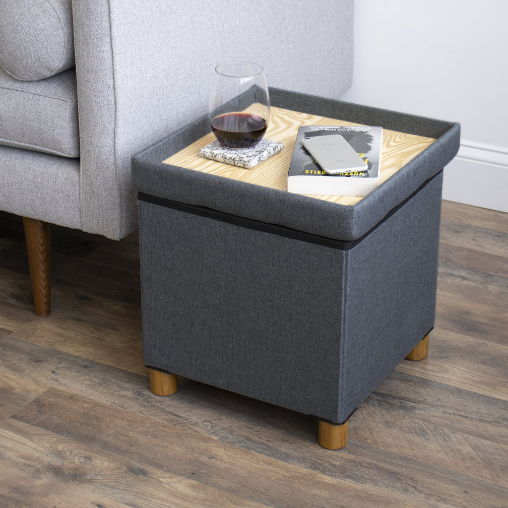 Dark Grey Collapsible Cube Storage Ottoman Foot Stool with Tray V445