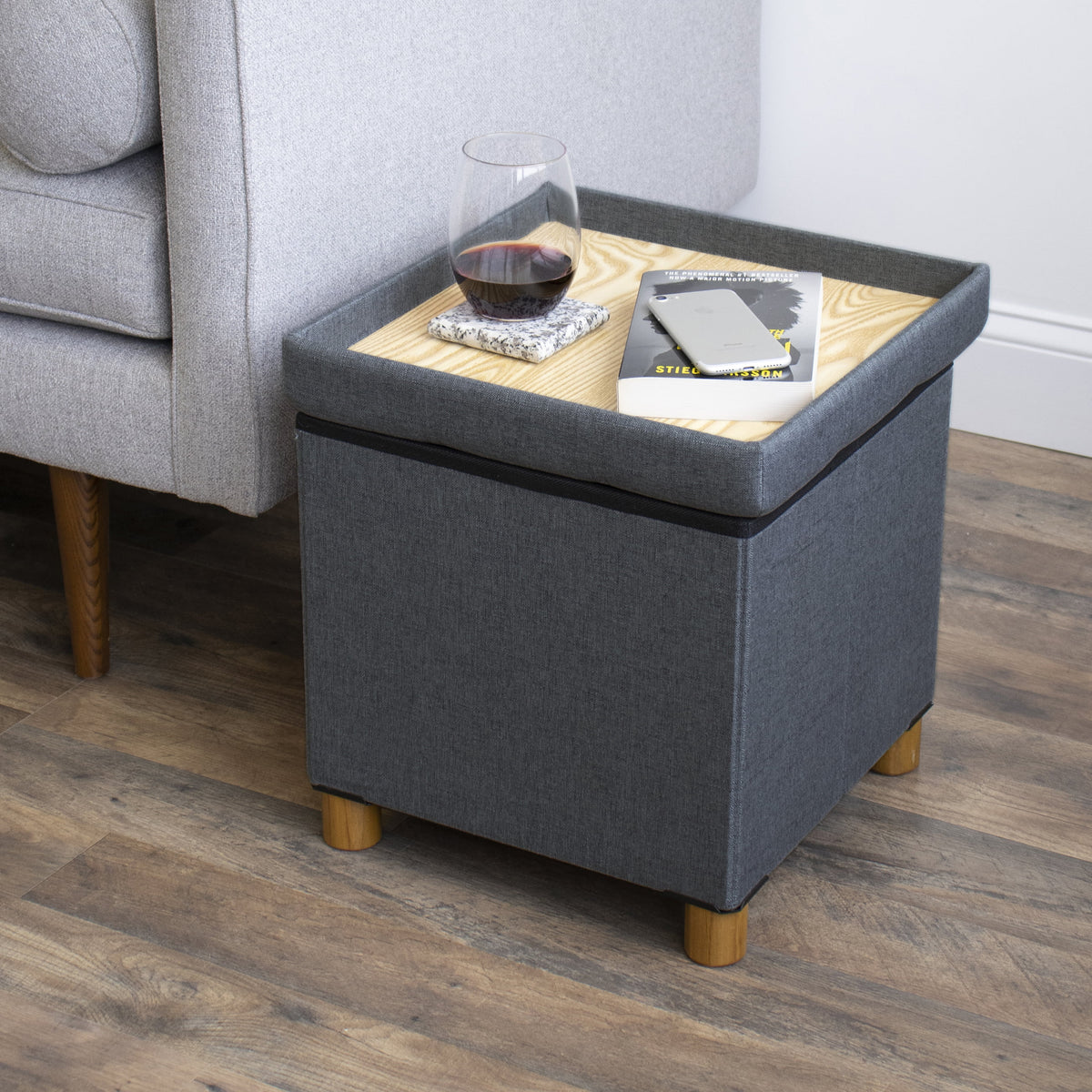 Dark Grey Collapsible Cube Storage Ottoman Foot Stool with Tray V445