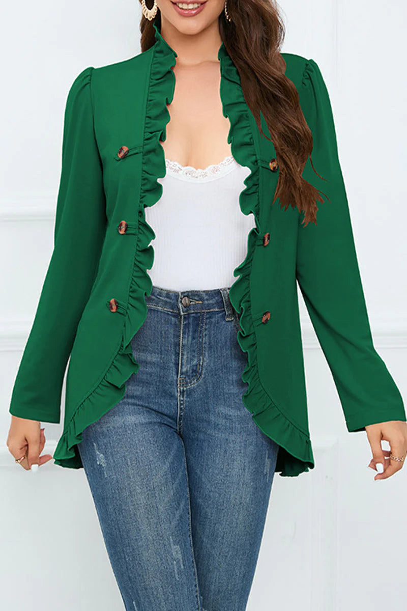 Solid Buckle Flounce Lotus Leaf Collar Outerwear D121466