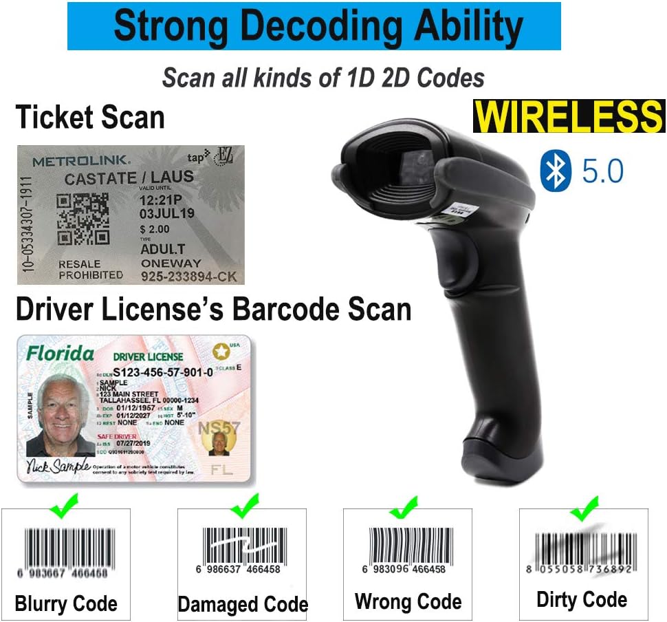 1D 2D Bluetooth Barcode Scanner with USB Cradle Charge Station I465