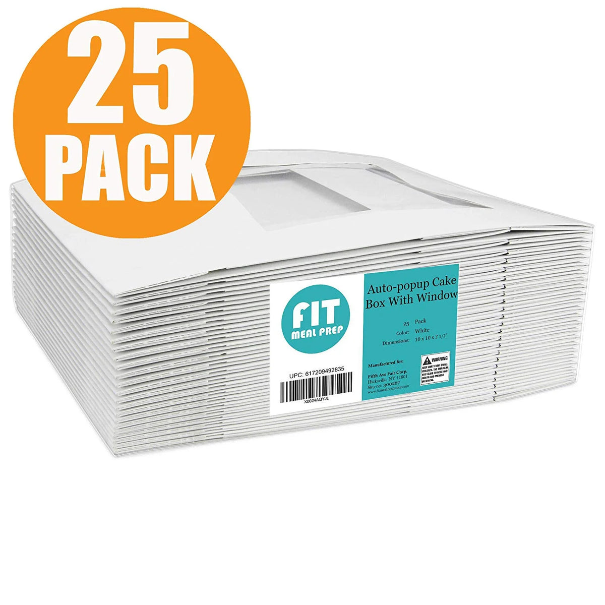 [25 Pack] White Cardboard Pie Box with Window 10x10x2.5" T434