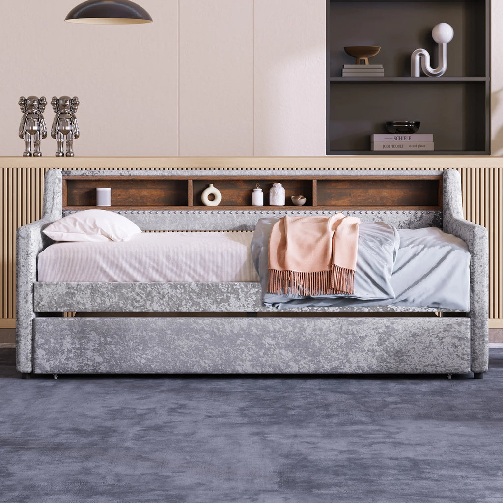 Twin Size Snowflake Velvet Daybed with Trundle and Storage Shelves Gray J1040