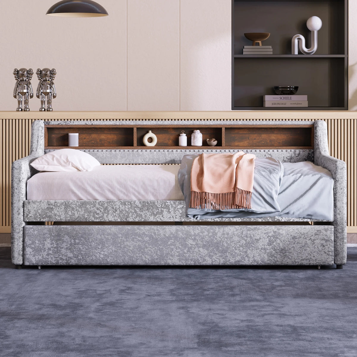 Twin Size Snowflake Velvet Daybed with Trundle and Storage Shelves Gray J1040