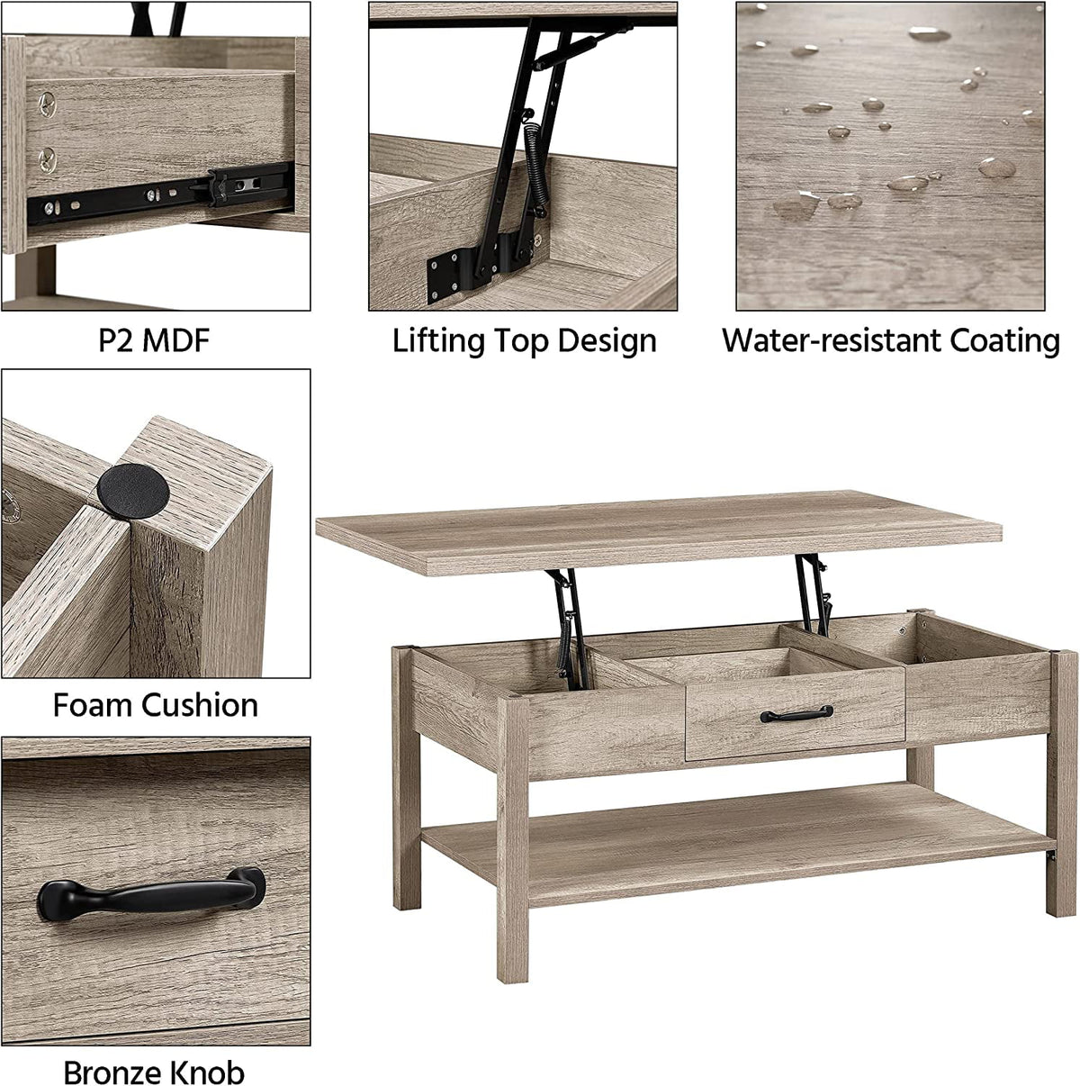 43in Lift Top Coffee Table with Storage Drawer L8836