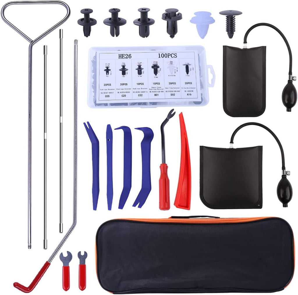 24 PC Car Tool Kit with Non Marring Wedge Air Pump Bag Stainless Steel Long Reach Tools I14939