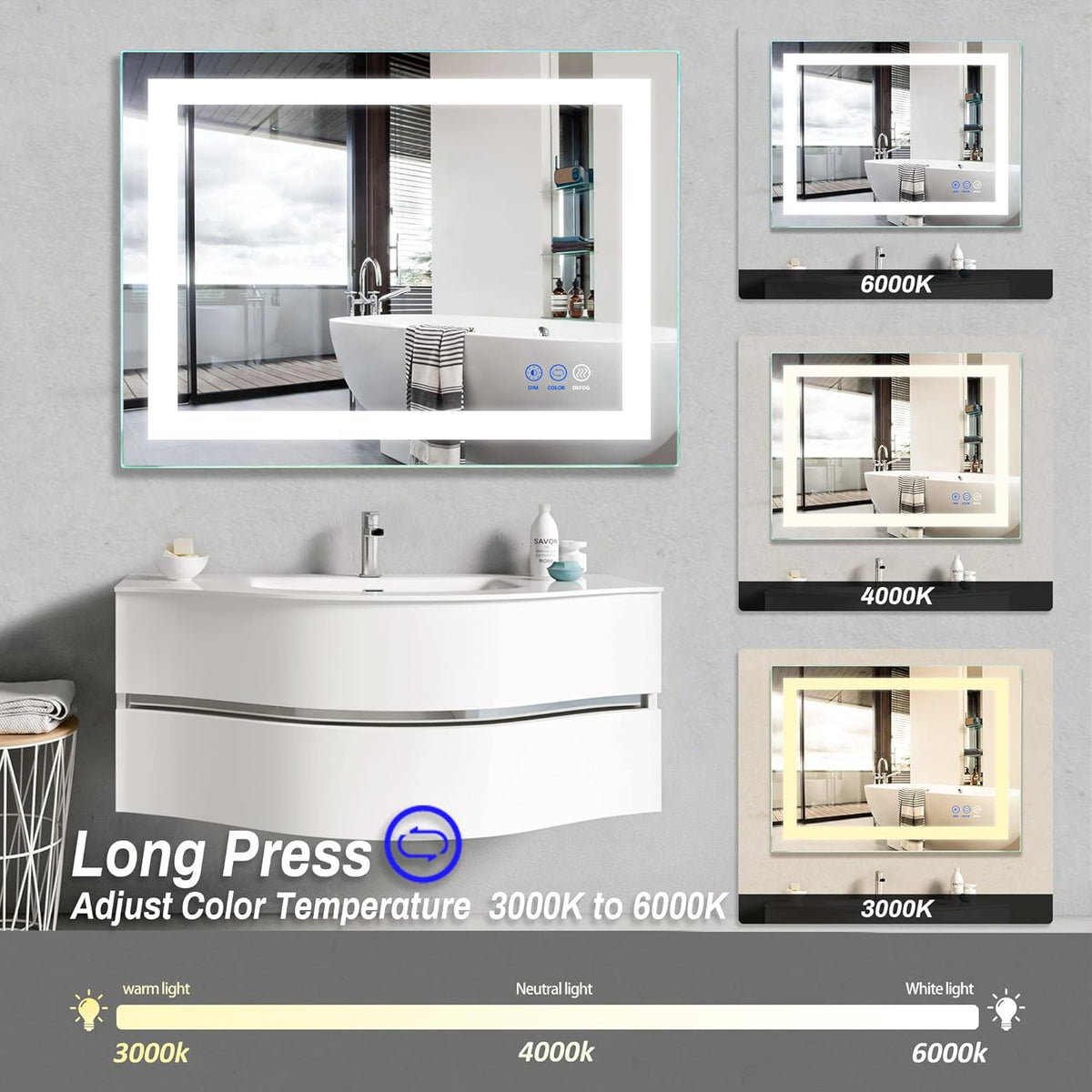 32x 24 LED Bathroom Mirror, Anti-Fog, Dimmable, Color Temperature Adjustable 3000-6000K W206