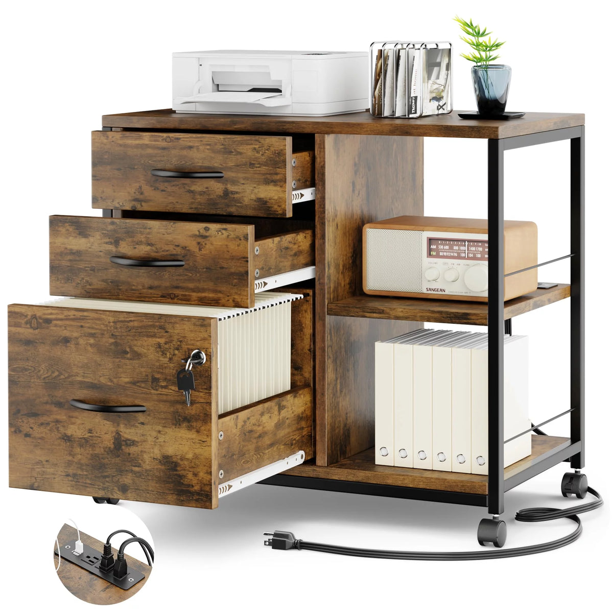 Brown 3 Drawer Wood File Cabinet with USB Charging Ports T78948