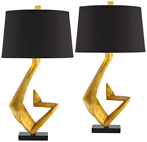 Modern Glam End Table Lamps Set of 2 Gold Leaf Black Shade E876013