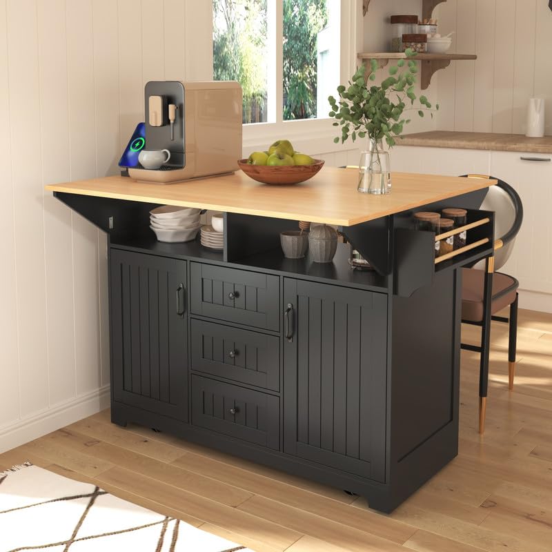 55.7'' Black Kitchen Island with Drop Leaf and 3 Drawers P980