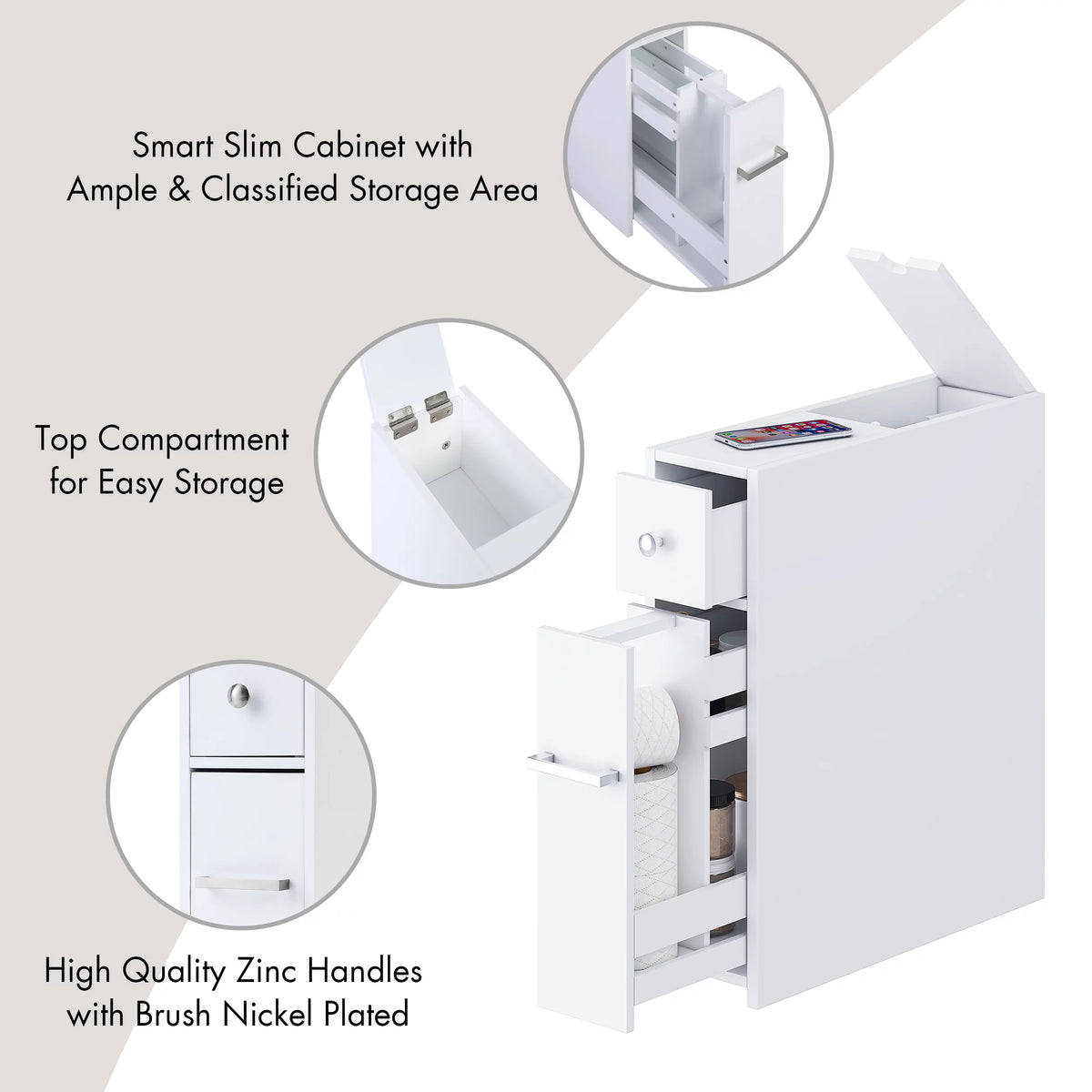 Slim White Bathroom Storage Cabinet with Slide Out Drawer K2489