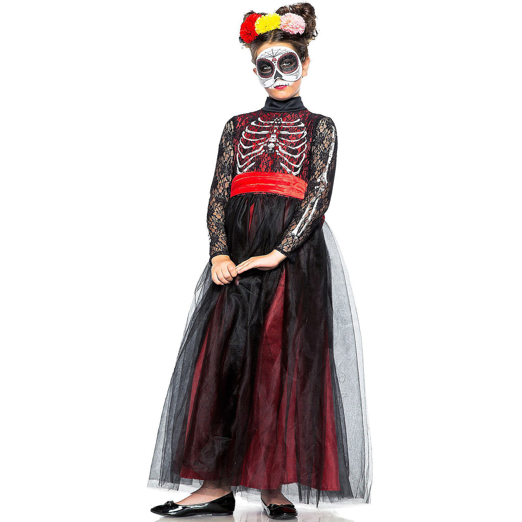 Lacy Day of the Dead Costume for Children, Size Medium, Includes a Dress, a Headpiece, a Mask, and a Belt R621