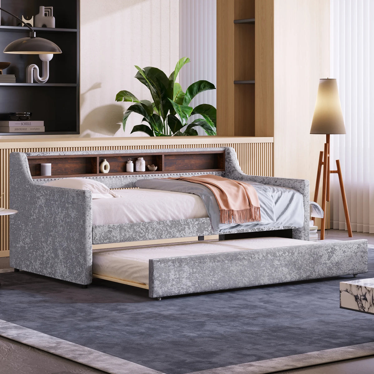 Twin Size Snowflake Velvet Daybed with Trundle and Storage Shelves Gray J1040
