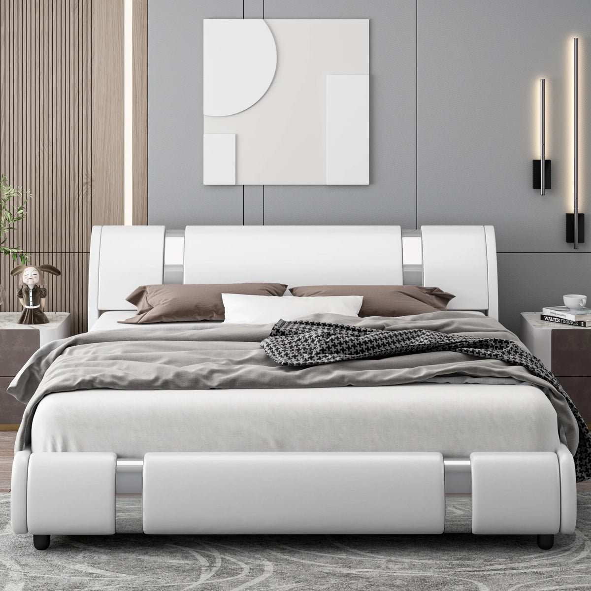 Full Size Leather Upholstered Platform Bed Frame with White Headboard F848