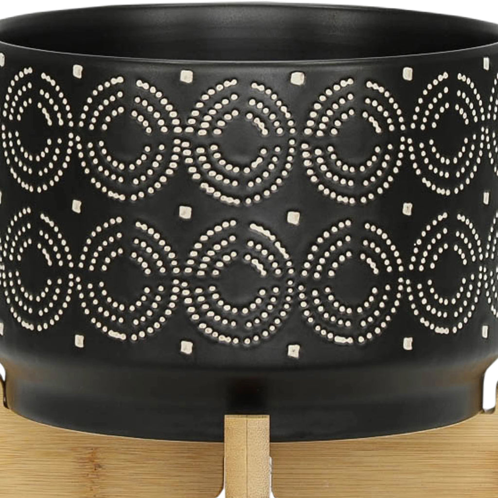 Black Round Ceramic Swirl Planter On Stand E9436