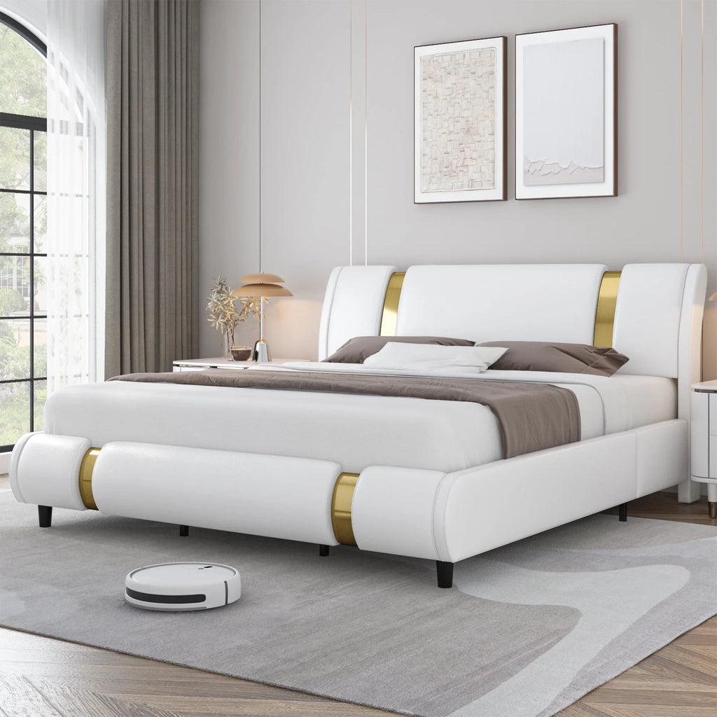 Full Size Leather Upholstered Platform Bed Frame with White Headboard F848
