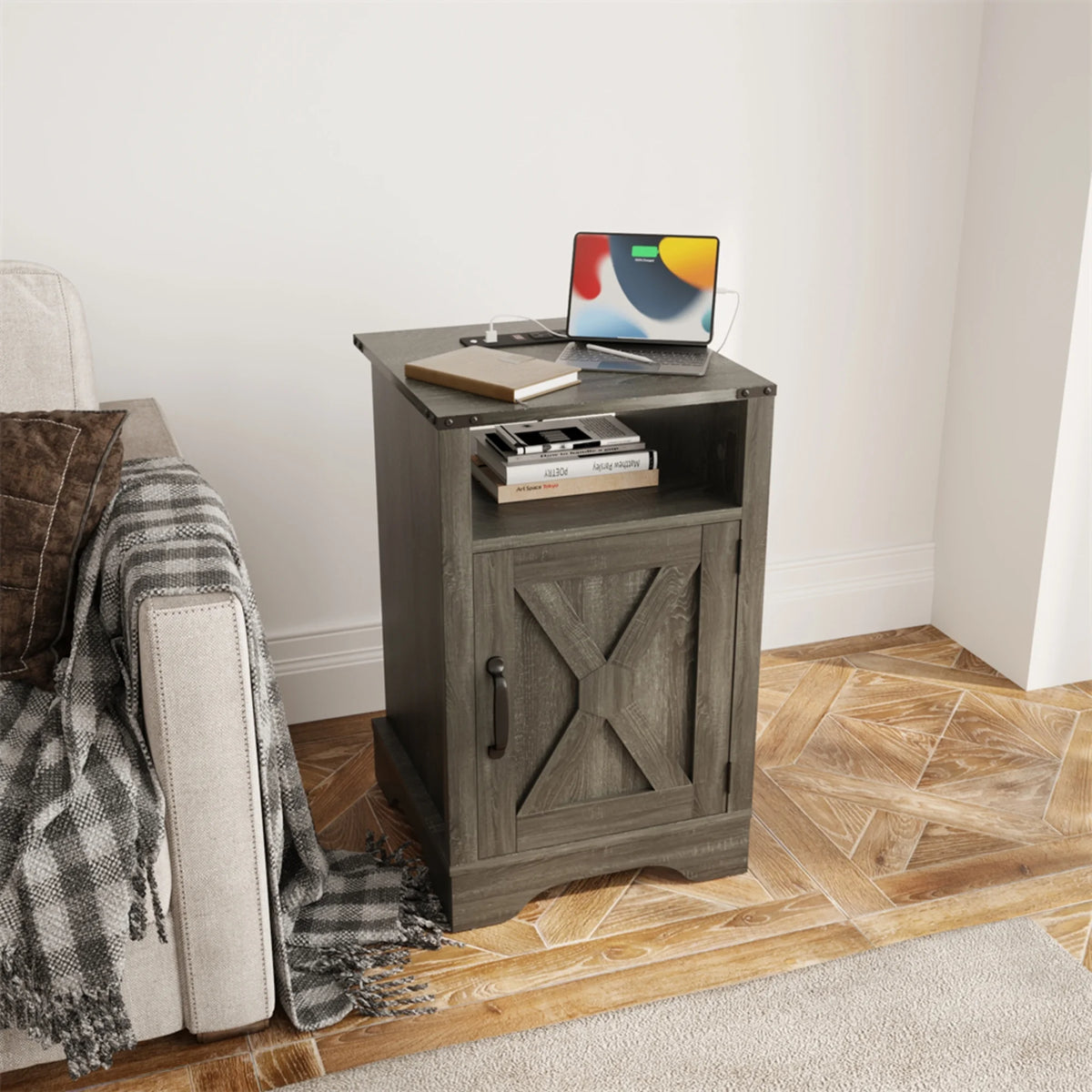 Rustic Wood Nightstand with Charging Station A5145