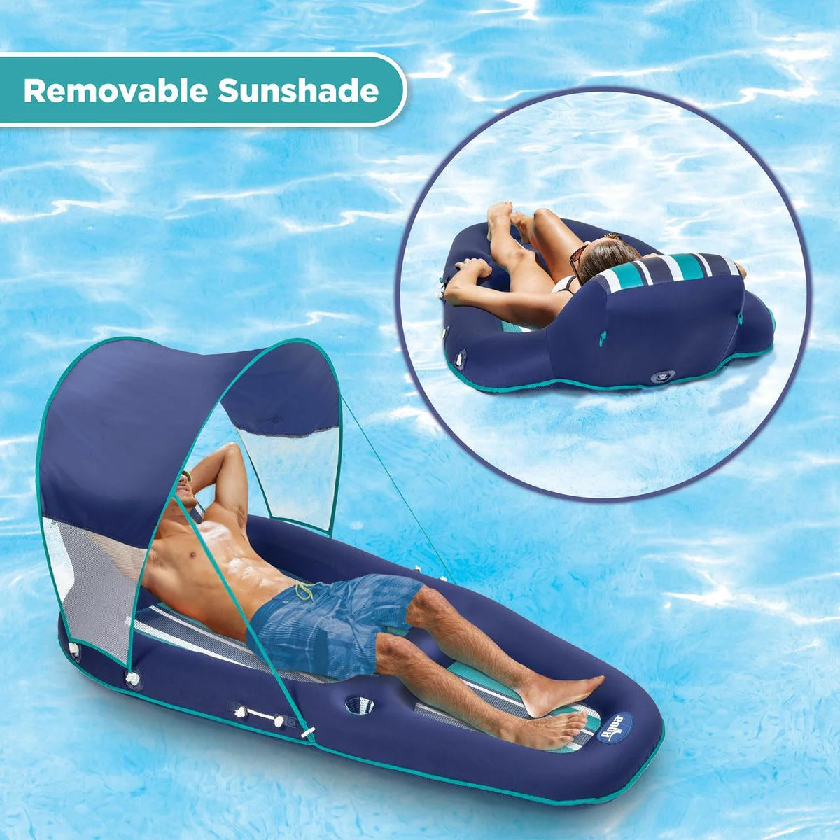 Blue Inflatable Pool Lounger Float with Sunshade Canopy 2 Pack P240
