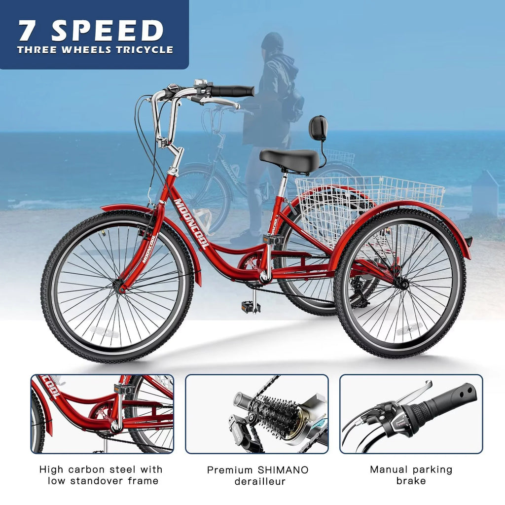 Adult Tricycles 3 Wheel 7 Speed 26 inch Tire Cruiser Bike with Low Step Through Frame and Big Basket G5436