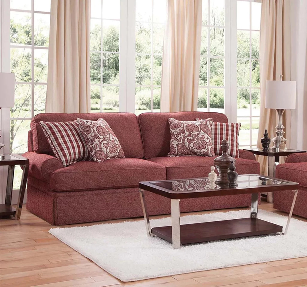 Rustic Red Sofa with Four Accent Pillows I188