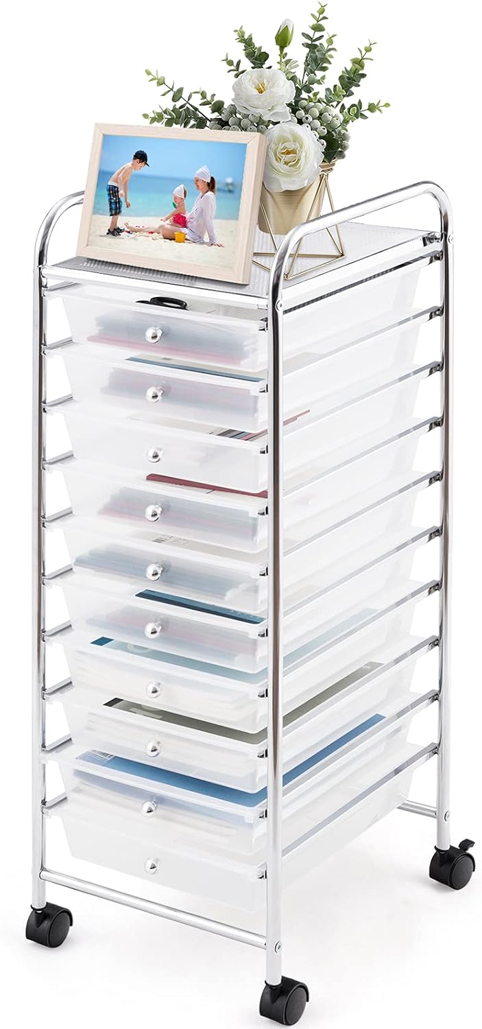 Black Rolling Drawer Cart with 10 Drawers, Metal Frame G575