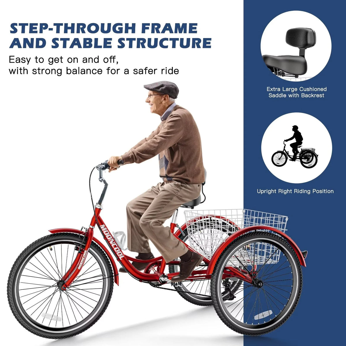 Adult Tricycles 3 Wheel 7 Speed 26 inch Tire Cruiser Bike with Low Step Through Frame and Big Basket G5436