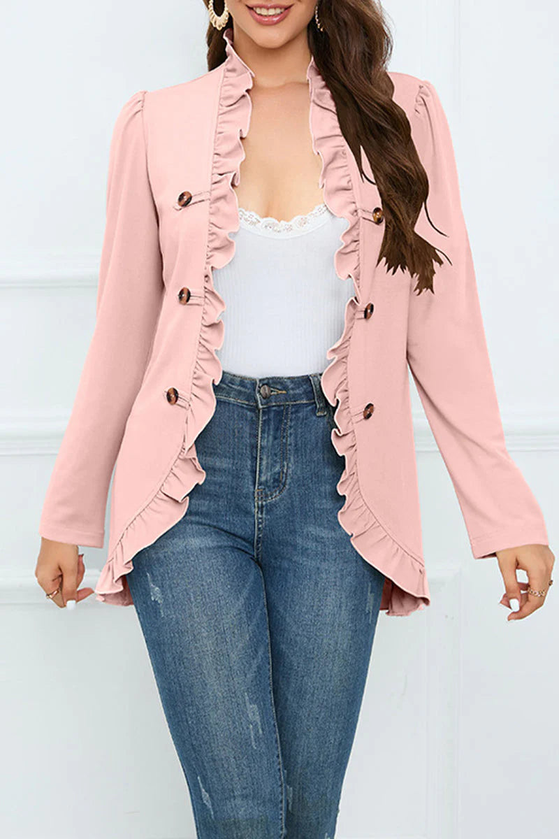 Solid Buckle Flounce Lotus Leaf Collar Outerwear D121466