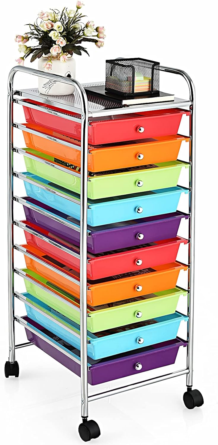 Black Rolling Drawer Cart with 10 Drawers, Metal Frame G575