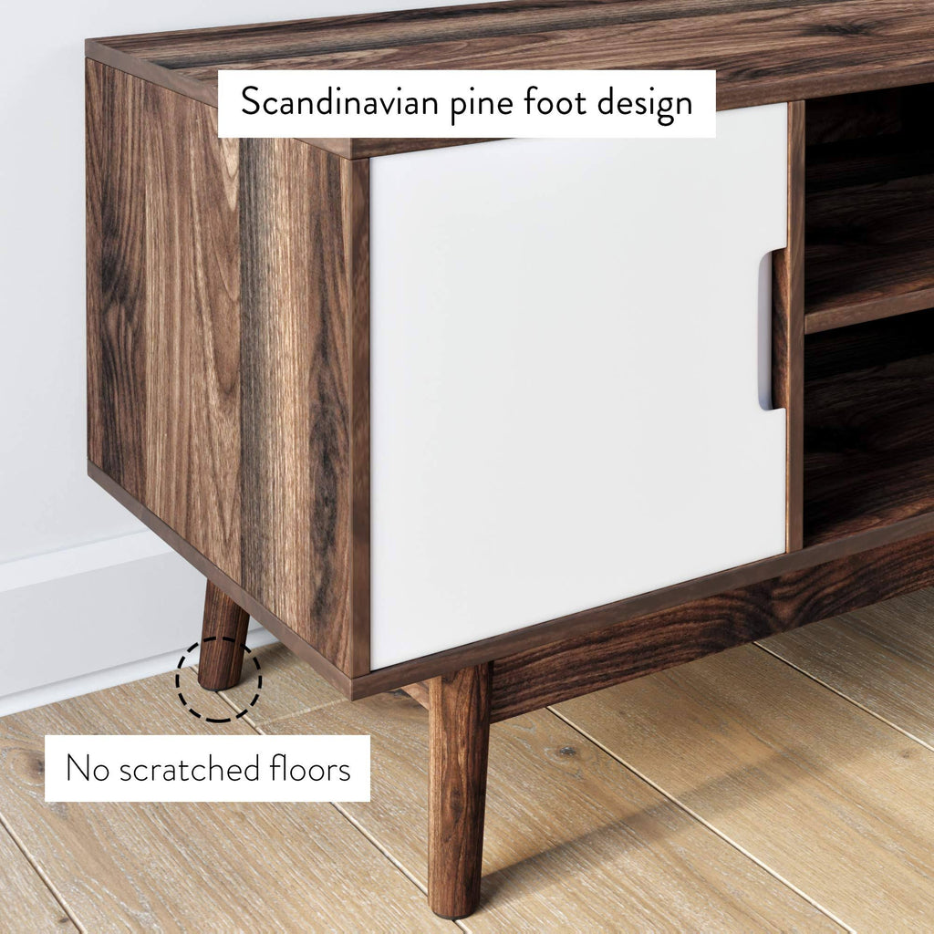 Brown Scandinavian TV Stand with White Cabinet Doors E59084