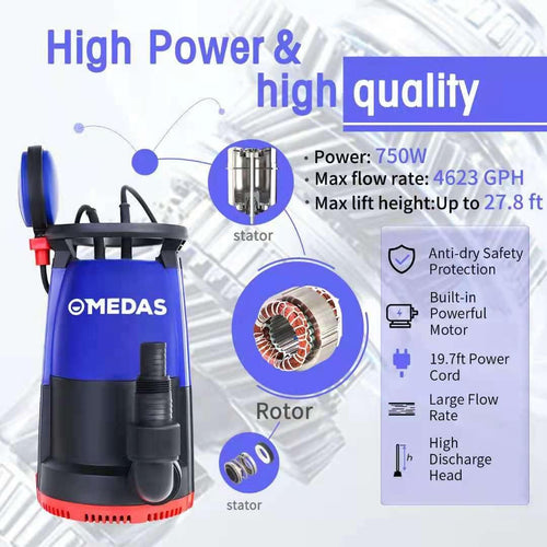 1HP 750W 4623GPH Submersible Sump Pump Electric 3 in 1 Clean/Dirty Water Utility Water Pumps w/Float Switch and Long 16.4ft Cable Pack of 2 V3804