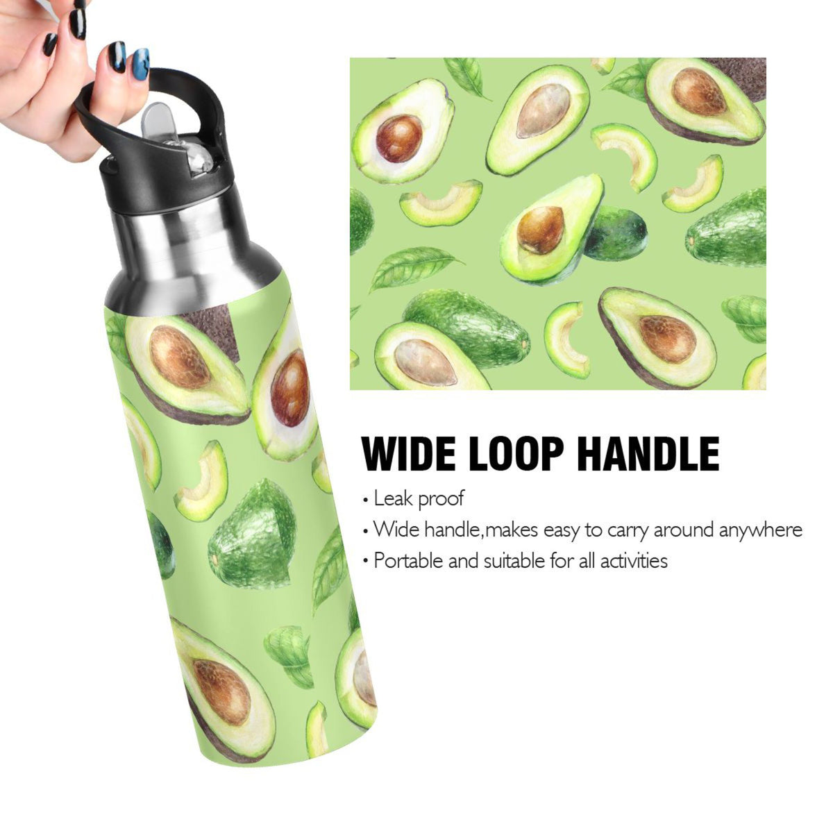 Green Avocado Fruit Stainless Steel Vacuum Insulated Water Bottle with Straw Lid 20 OZ G4950