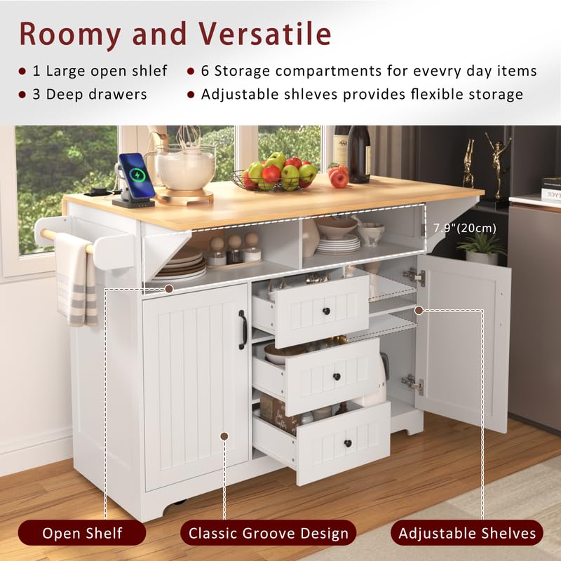 55.7'' Black Kitchen Island with Drop Leaf and 3 Drawers P980
