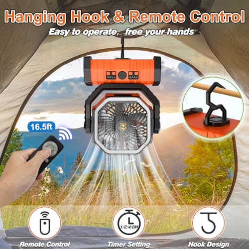 20000mAh Rechargeable Portable Camping Fan with LED Lantern Orange A26832
