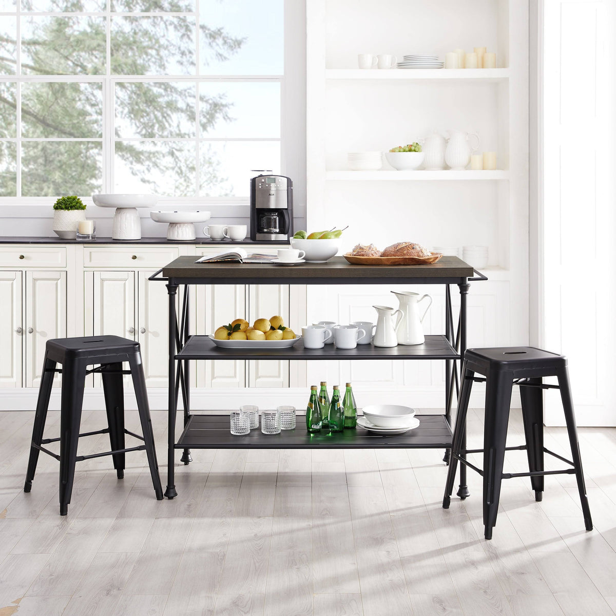 3 Piece Kitchen Island 2 Stools Set Brown Black E13610