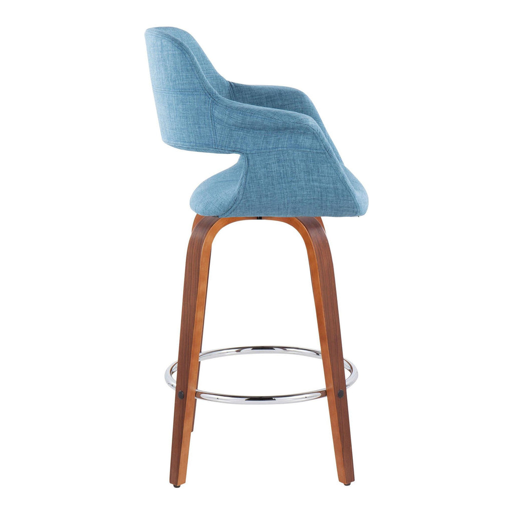 26" Mid-Century Modern Counter Stool with Swivel in Walnut Wood and Blue Fabric with Round Chrome Metal Footrest - Set of 2 V572