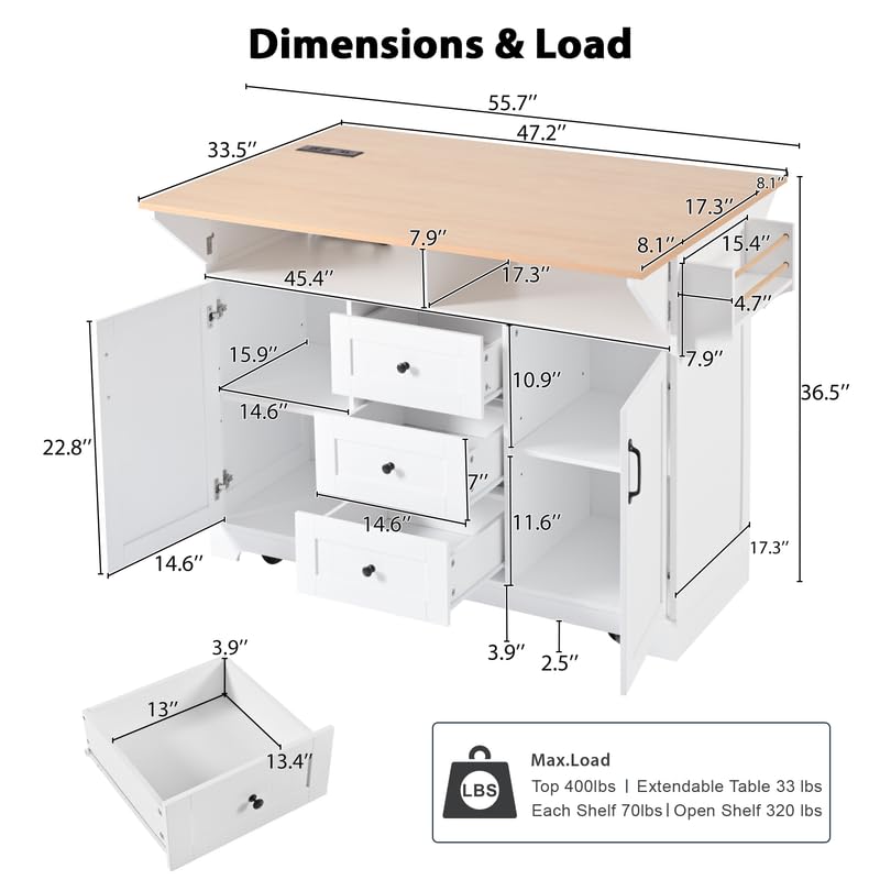 55.7'' Black Kitchen Island with Drop Leaf and 3 Drawers P980