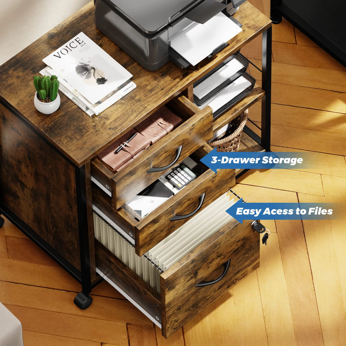 Brown 3 Drawer Wood File Cabinet with USB Charging Ports T78948